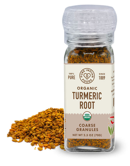 Turmeric Root Coarse Granules, Certified Organic - 2.5 oz, in Grinder Top Bottle