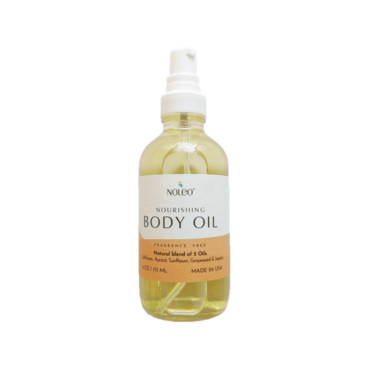 NOLEO Nourishing Body Oil: Natural oil to soothe skin and help bring back elasticity. 4oz glass bottle.