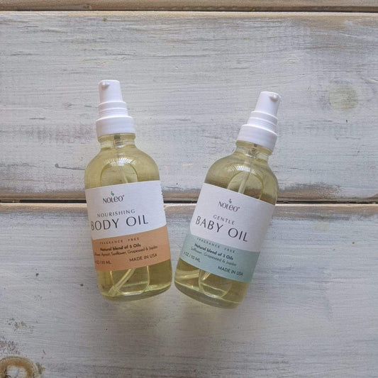 NOLEO Nourishing Body Oil: Natural oil to soothe skin and help bring back elasticity. 4oz glass bottle.
